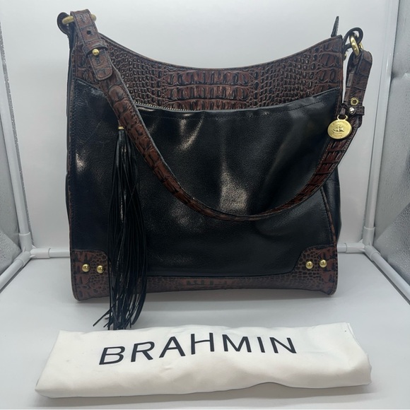 Brahmin Duxbury Leather Satchel Handbag/Purse Black Leather & Brown Croc Accent - Picture 13 of 13